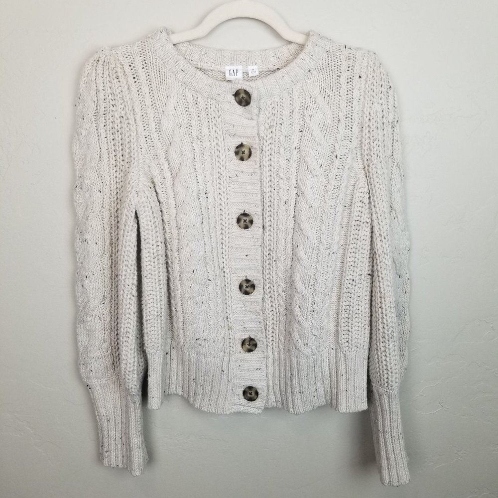 Gap Womens M Long Sleeve Button Front Cable Knit Sweater Cardigan Balloon Sleeve